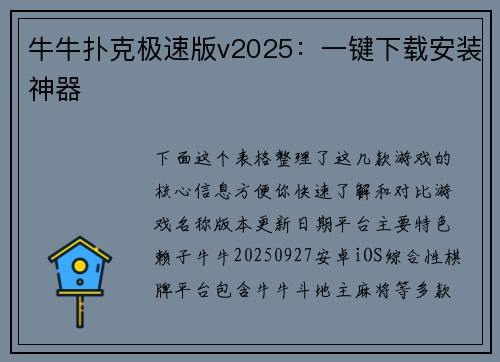 牛牛扑克极速版v2025：一键下载安装神器